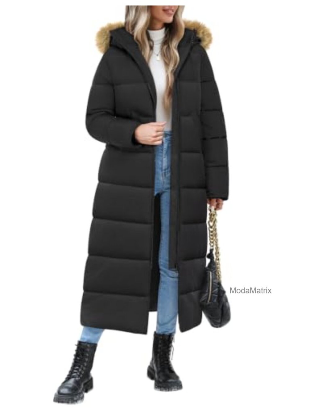 Women Long Winter Puffer Coat Quilted Down Jacket with Removable Faux Fur Hood